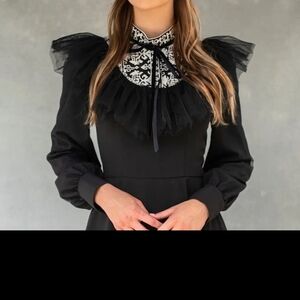 FRONT ROW BY Sara & Goldy Black Cocktail Dress with Puff Sleeves and Bib Collar